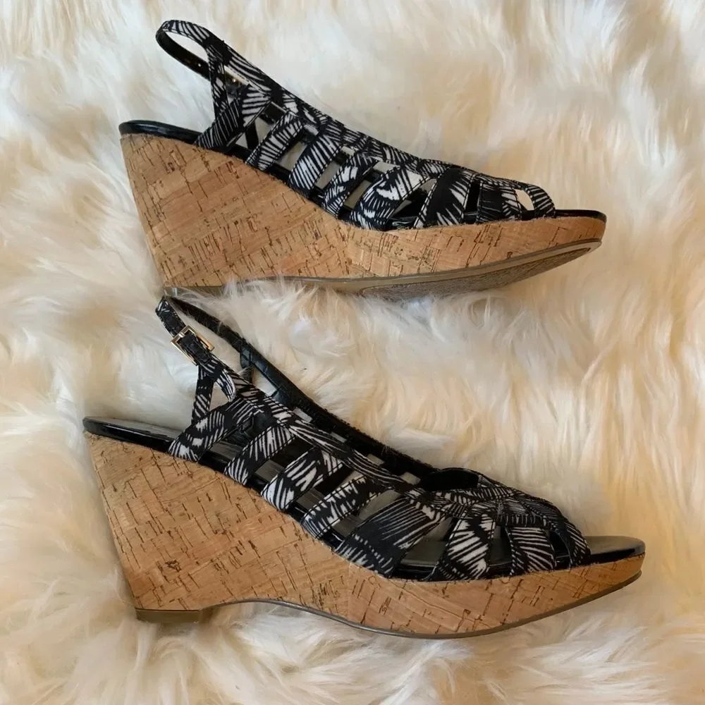 Bandolino‎ Niven Canvas & Cork Wedge Sandals Sz 9.5